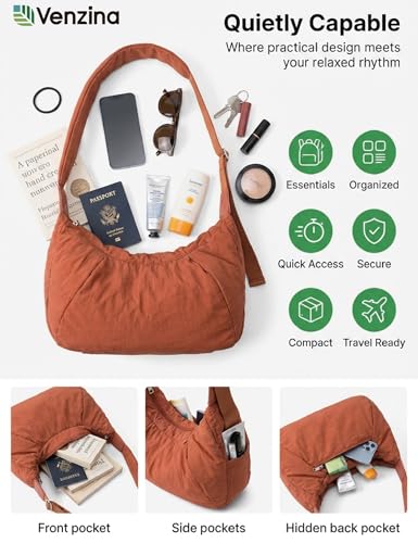 Image of Venzina Womens Crossbody Bag Hobo Bag, Cloud-Like Lightweight Everyday & Travel Shoulder Bag, Large Capacity Nylon Purse with Adjustable Quilted Strap, Casual Work Handbag for Women