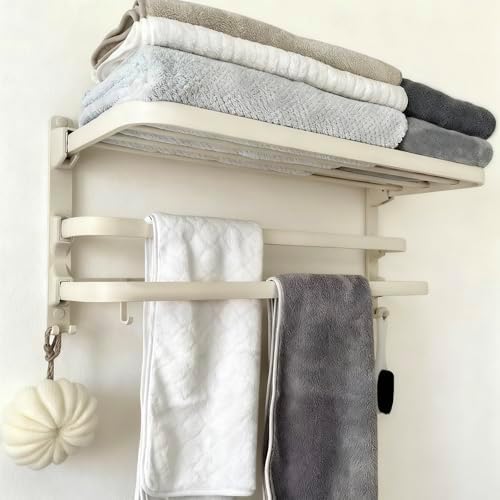 24in Towel Racks Shelf for Bathroom, Foldable Wall Mounted Towel Storage with 2 Towel Bar 9 Hook, Modern Rustproof Towel Holder with Shelves, Towel Hanger for Hotel Restroom RV Gym,Milky White