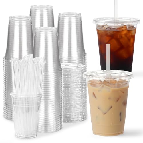 WANNADAY 100 Pack 16 oz Clear Plastic Cups with Lids and Straws Disposable Iced Coffee Cups To Go Sturdy Smoothie Cups for Cold Drinks