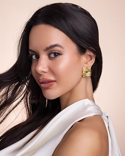 Gold Chunky Square Statement Earrings for Women by SNGIA, Medium Geometric Handmade Trendy Stud Ribbed Jewelry Gifts, Rectangle Textured Minimalist Huggies Fashion Button Accessories, Vintage Thick Rectangular Nickle Free Huggie Earring.2