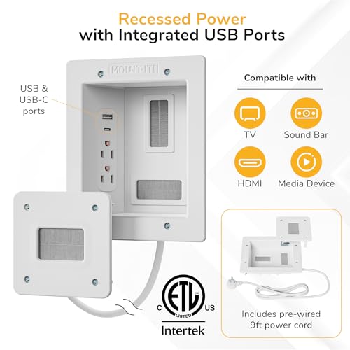 Image of Mount-It! in-Wall TV Cable Management Kit with Recessed Power - Dual Outlet, USB-A and USB-C Ports, 9ft Cord, and Hand Saw - Easy, Safe Cable Management for Organized TV and Home Theater Setups
