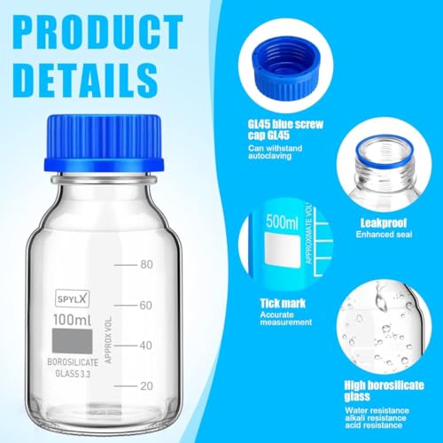 Image of Borosilicate Glass reagent bottle 100ml with leak proof Blue Screw Cap pack of 6 for glassware wide mouth chemical bottles for lab, laboratory, kitchen and professional use