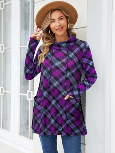 Bulotus Fall Sweaters for Women 2025 Cowl Neck Asymmetrical Long Tunics for Leggings Vacation Travel Tops with Pockets