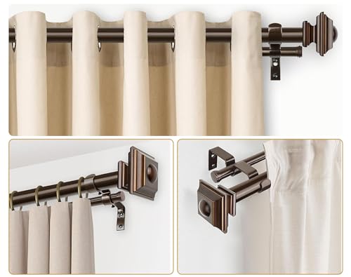 KAMANINA 1 Inch Bronze Curtain Rods 66 to 120 (5.5-10 Feet), Telescoping Splicing Double Curtain Rod for Windows 54 to 115 Inches, Long Curtain Rod with Square Finials - Thumbnail 4