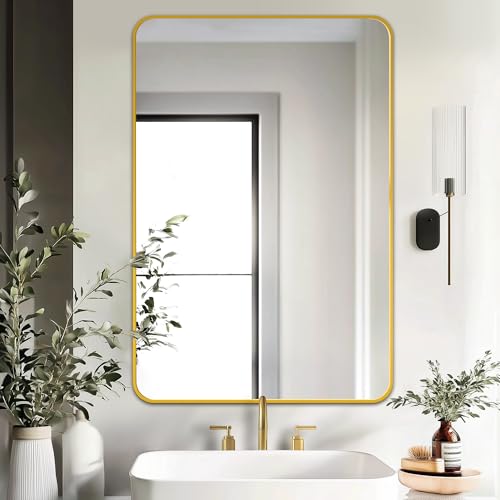 Image of Delma Bathroom Vanity Mirror, Gold Framed Mirror for Over Sink, 36x24 | HD glass, distortion-free for makeup and grooming, Sturdy frame, all mounting hardware, hangs horizontal or vertical