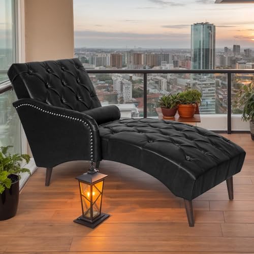 KT Rolster Chaise Lounge Chair Indoor with Lumbar Pillow and Wood Legs, Upholstered PU Leather Tufted Chaise Lounges, Mid Century Modern Luxury Chaise Armchair for Living Room, Bedroom, Black