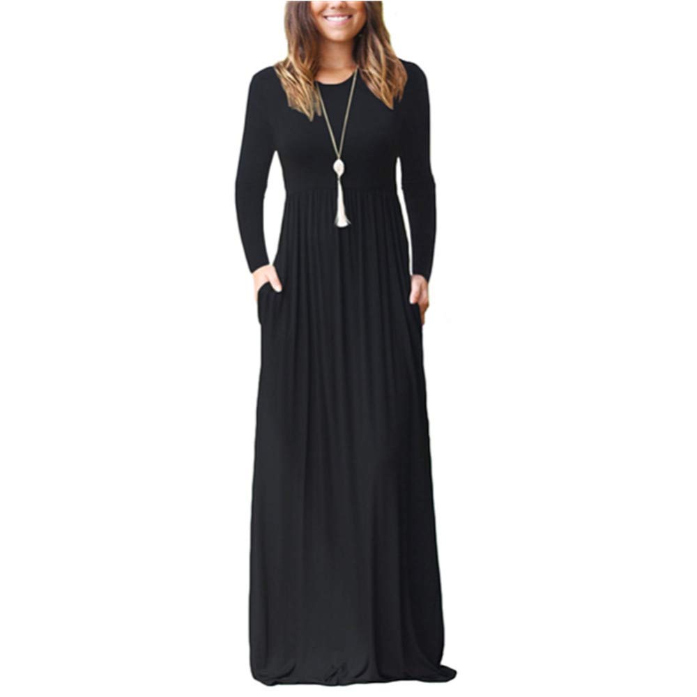 Clopon Women's Long Sleeve Dress with Pockets Solid Color Long Maxi Dresses for Ladies Casual Dress