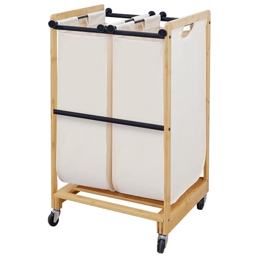 STO STO Laundry Sorter 2 Section with Bamboo Frame, 2 Bag Laundry Hamper, Rolling Laundry Cart...