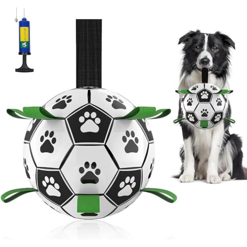JourneyJolt犬用ボール サッカーボール型 犬のおもちゃ 超耐久TPUコーティング 防水耐摩耗 噛み癖解消 引っ張り遊び 全犬種対応 安心安全素材 足跡デザイン エアポンプ付き (Large)