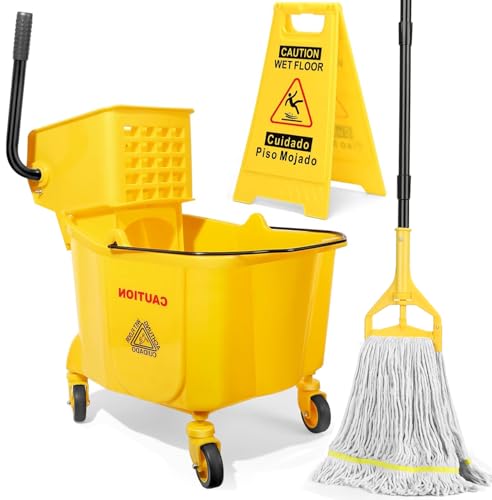 Image of 35 Qt Commercial Mop Bucket with Side-Press Wringer Combo on Wheels | Including Janitor Industrial Mop Bucket,Commercial Mops and Wet Floor Caution Sign,Yellow, VOUBIEN