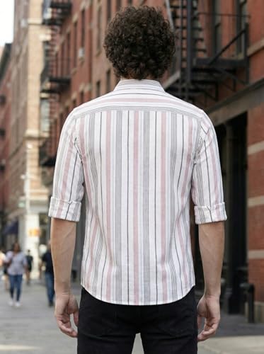 Image of IndoPrimo Men's White Striped Slim Fit Casual Shirt | Premium Cotton Full Sleeve Button-Down Shirt with Chest Pocket | Stylish Office