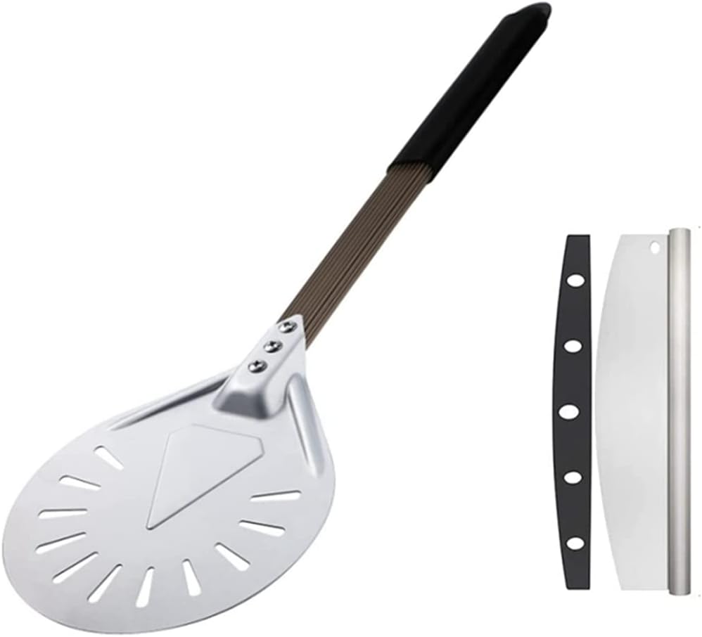 2 Pieces Turning Pizza Peel with 8 Inches Perforated Round Pizza Paddle and 15 Inches Metal Detachable Handle 14 Inches