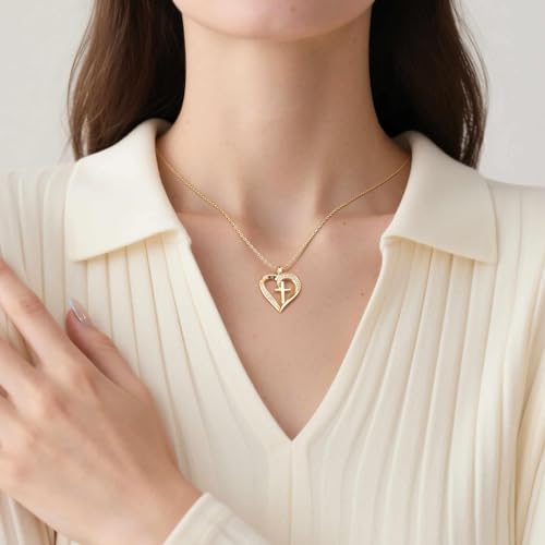 Cross Necklace for Women 14K Gold Cross Necklaces for Women Gold Heart Necklaces for Womens Crosses Chain Pendant Combine Classic Elements of Romantic and Faith Chain Crosses Heart Necklace for Womens 17.7+1.7in4