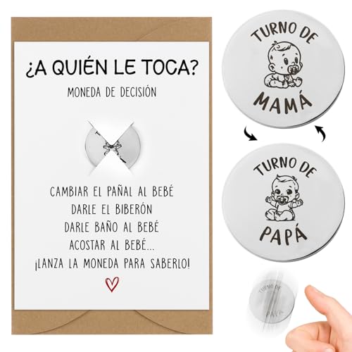 Presente grávida original espanhol, 1 * moeda decisão 1 * cartão de felicitação 1 * envelope kraft, detalhe coisa recém-nascido menino batizo bebé mãe primeira pai casal pais pais (prateado 1)