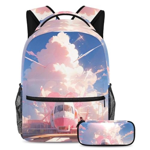 Sac à dos grand volume contre le désordre scolaire avec sa trousse avion rose intégrée