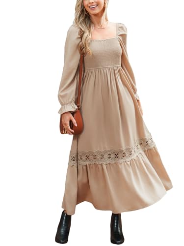 CUPSHE Damen Kleid Spitze Langarm Gesmokt Freizeitkleider Quadratischer Hals Herbst Rüschen Lässig Elegant Maxi Dress Beige M