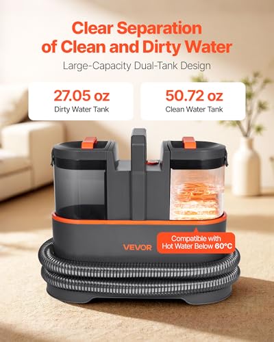 Image of VEVOR Carpet Cleaner Machine, 50.72 oz Clean Water Tank & 27.05 oz Dirty Water Tank, Portable Upholstery Shampooer, 11.5Kpa Handheld Furniture Extractor, Spot and Stain Deep Cleaner for Rug Couch Car
