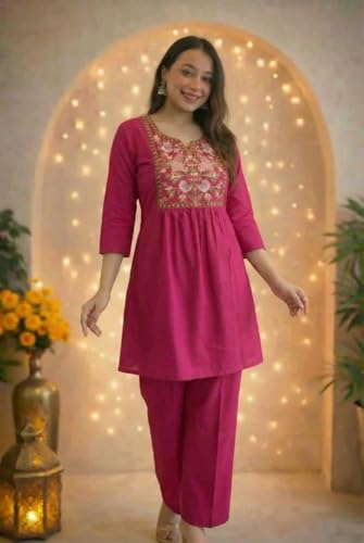 Image of Women's Rayon Embroidered Kurti with Pant Set | Floral Yoke Design | 3 /4 Sleeve Ethnic Co-Ord Set | Regular Fit Traditional Outfit