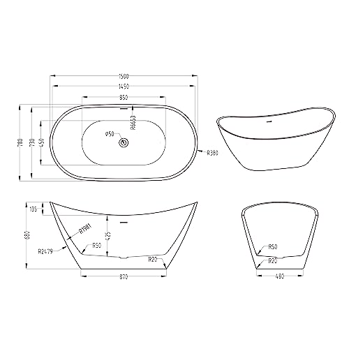 doporro Freistehende Design-Badewanne Vicenza502OA 150x78x68cm mit Ablaufgarnitur und Überlauf aus Acryl in Weiß und DIN-Anschlüssen