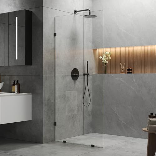 Image of DeerValley 34 inchx74 inch Shower Glass Panel, 5 /16'' (8mm) Thick Fixed Glass Shower Panel, Frameless Shower Screen for Walk in Shower, Tempered Glass Half Door with Stainless Steel Clamps (Black)
