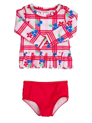 Image of RuffleButts Baby /Toddler Girls Scalloped Long Sleeve Rash Guard 2-Piece UPF50+ Sun Protected Swimsuit