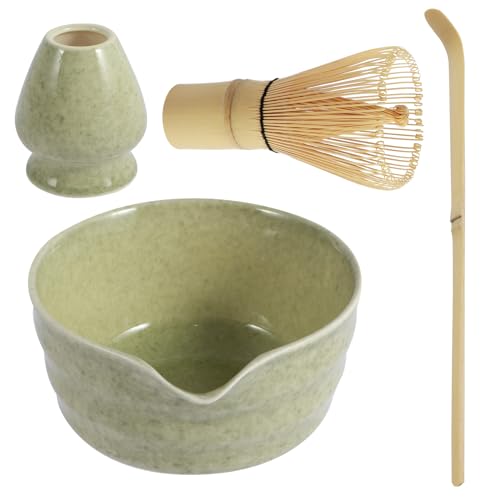 Gatphy 4Pcs Ceramic Matcha Kit, 500ml Japanese Tea Set Matcha Making Starter Kit with Whisk Holder, Bamboo Whisk, Ceramic Bowl with Pouring Spout, Scoop