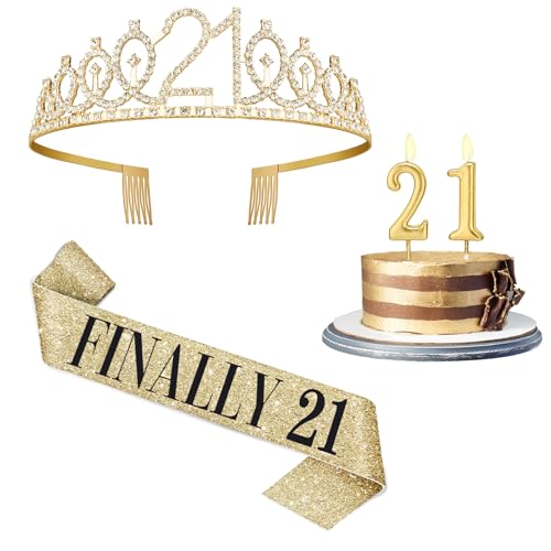 21st Birthday Decorations for Her with 21st Birthday Sash and Crown Candles Gold Gifts for 21 Year Old Girls