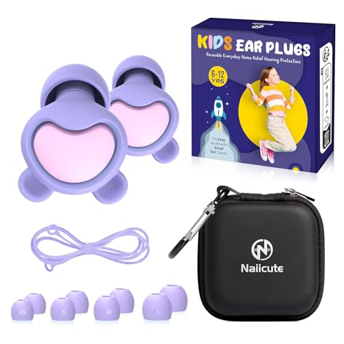 Kids Ear Plugs (6+yrs) Reusable Everyday Noise Reduction Earplugs for Focus Travel Socializing Concerts Events Sensitivity School Playtime Children Hearing Protection 26 dB 4 Sizes Tips