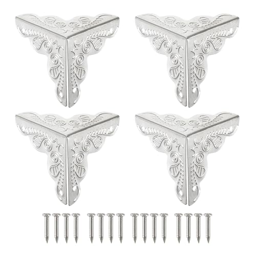 Image of uxcell 48 Pcs Box Edge Guard, 25mm Decorative Box Corner Cover, Corner Protector, Vintage Stair Dust Corners with Screws, Silver