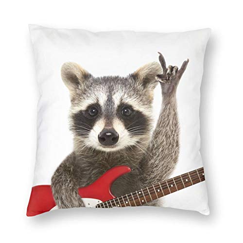 Yaateeh Cute Raccoon Playing Guitar Decorative Throw Pillow Covers 18x18 Inch Pillows Case Square Cushion Cover Cases Pillowcase with Zipper Sofa Home Decor for Couch Bed Patio Car