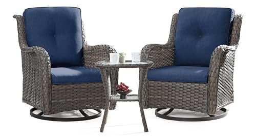 Joyside Outdoor Swivel Rocker Patio Chairs Set of 2 and Matching Side Table - 3 Piece Wicker Patio Bistro Set with Premium & Soft Fabric Cushions(Mixed Grey/Blue)
