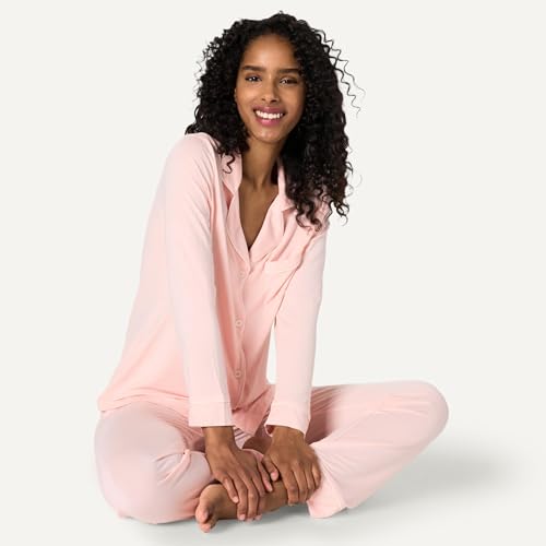 Image of Amazon Essentials x Sofia Grainge Women's Stretch Modal Long-Sleeve Button-Front Top and Full-Length Bottom Pajama Set