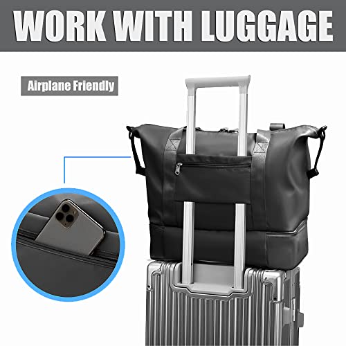 Mocare Travel Duffel Bag, Sports Gym Tote Carry On Bags For Women, Foldable Lightweight Overnight Shoulder Weekender Shopping Hospital Handbag With Shoes Compartment (Black) #TOP2