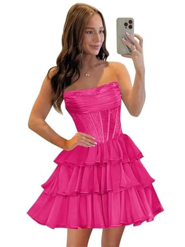 Zeeyecie Hot Pink Sequin Chiffon Ruched Homecoming Dresses US2| Strapless Cowl Neck Homecoming Dresses Tiered Corset Sequined Beaded Glitter Short Prom Dress for Juniors Party Graduation Dress