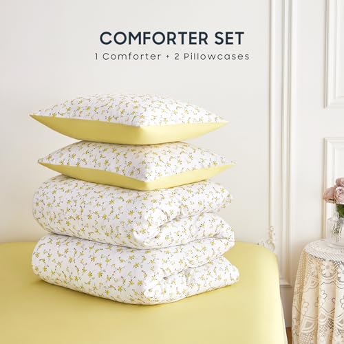 Image of Wake In Cloud - Floral Comforter Set, Coquette Cottagecore Aesthetic Cute Flower Pattern for Women Teen Girls, Soft Lightweight Dorm Bedding, 3 Pieces, Yellow White, Full Size