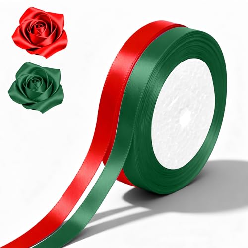 Red Satin Ribbon for Gift Wrapping 2 Rolls 3/8 Inch Red Ribbon & Green Ribbon Total 50 Yards Green Satin Ribbons for Crafts Red and Green Christmas Ribbon for Valentines Day St Patricks Day