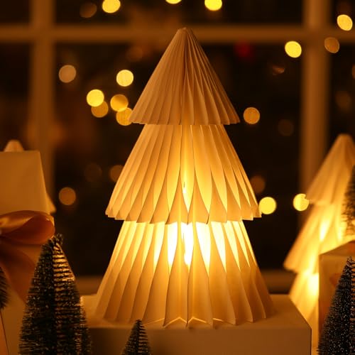 Glooglitter 3 Sets Large Paper Honeycomb Christmas Tree Ornaments LED Lighted 3D Honeycomb Xmas Centerpiece with 3 Wooden Light Base Centerpieces for Holiday Ornaments (Christmas Tree) by Glooglitter - Image 5