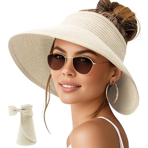 Image of NPQQUAN Sun Visor Hats for Women Wide Brim Ponytail Straw Beach Hat Packable Foldable UPF 50+ Floppy Travel Hats
