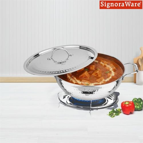 Image of Signoraware Artista Tri Ply Stainless Steel Hammered Shallow Kadhai 30cm with Lid | Gas & Induction Compatible | Stylish Indian Kadhai for Healthy Meal | Ideal for Daily Cooking (5.5 LTR | Steel)