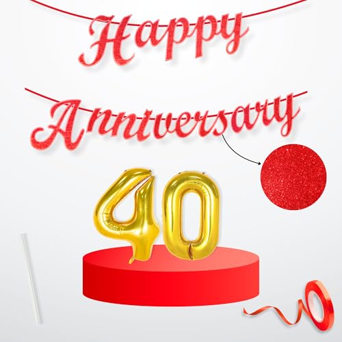 Image of Flyloons 40th Happy Anniversary Banner Red Decorations Kit for Men Women Wedding Anniversary Banner Items without Balloons
