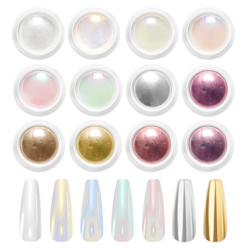 LEDSUUEI Chrome Nail Powder - Super Mirror Effect Metallic Holographic Aurora Iridescent Pearlescent Rose Gold White Pearl Chrome Nail Powder for Nails Salon DIY