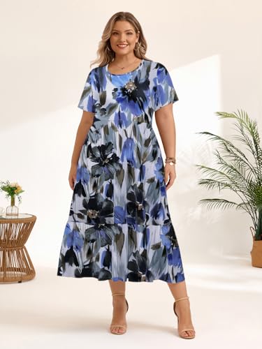 Image of LARACE Plus Size Dresses for Women Summer Casual Short Sleeve Long Dress Flowy Maxi Beach Dresses with Pockets L-6XL