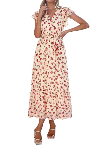 Image of PRETTYGARDEN Women's Summer Floral Boho Maxi Dress Short Sleeve Wrap V Neck Ruffle Long Flowy Beach Wedding Guest Dresses