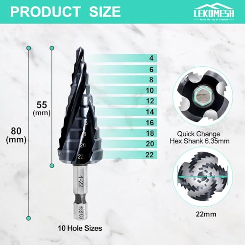 Miniatura 2 de Lekomesh Broca Escalonada Hss 4-22mm - Broca Cónica Hss Titanio, Vástago Hexagonal, Broca Escalonada M35 Para Acero Inoxidable Metal Aluminio Cobre Madera Plástico