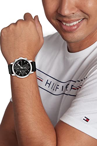 Image of Tommy Hilfiger Jameson LE Quartz Multifunction Black Dial Black Leather Strap Watch for Men