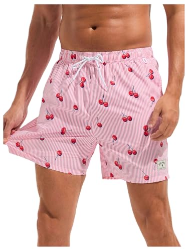 WDIRARA Men's Cherry Graphic Drawstring Waist Swim Trunks Board Shorts with Compression Liner - Main Image