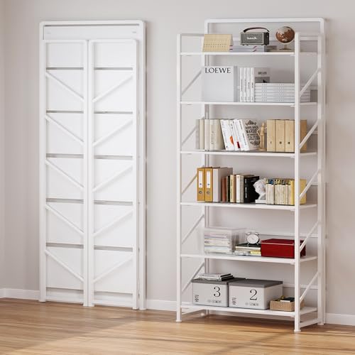 Image of JSB No Assembly Folding Bookshelf, 6 Tier Industrial Metal Book Shelf for Storage, Vintage Wood Foldable Bookcase for Living Room, Bedroom, Office Organization Shelves