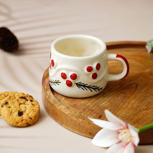 Image of Ceramic Coffee Mug with Red Berry Design | Festive Pottery Tea Cup for Christmas & Winter | Aesthetic Decorative Mug for Gifting | Microwave & Dishwasher Safe