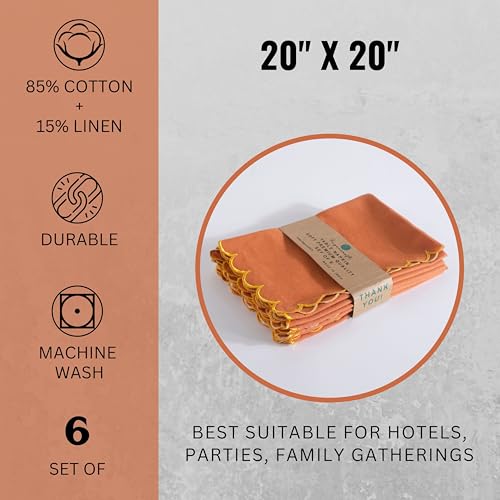 Image of FINGERCRAFT Scallop Edge Cloth Napkins | Set of 6 | 20x20 Inches | 100% Cotton | Table Napkins for Any Occasion | Washable, Perfect for Parties and Everyday Use (Rust Flax, Set of 6)