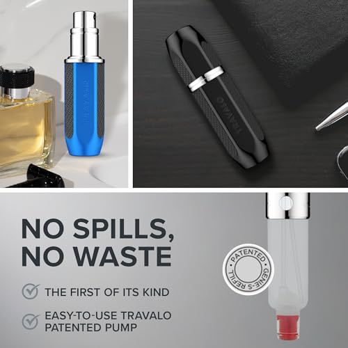 Travalo Vector Perfume Atomizer Bundle - Leak-Proof and TSA Approved for Air Travel - Reusable, Easy Fill Mini Sprayer - Lightweight, Stylish Metal Outer Case - Silver, Blue, Black - 3 Pack4